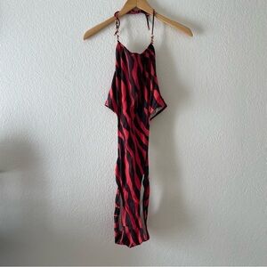 MICHAEL KORS Womens Red Black Gold Zebra Halter Tie One Piece Swimsuit